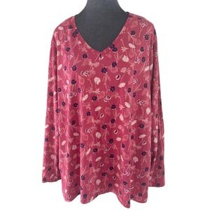 Lands End Wms 2X Cottagecore Raspberry Pink Floral Cotton V-Neck Long Sleeve Tee